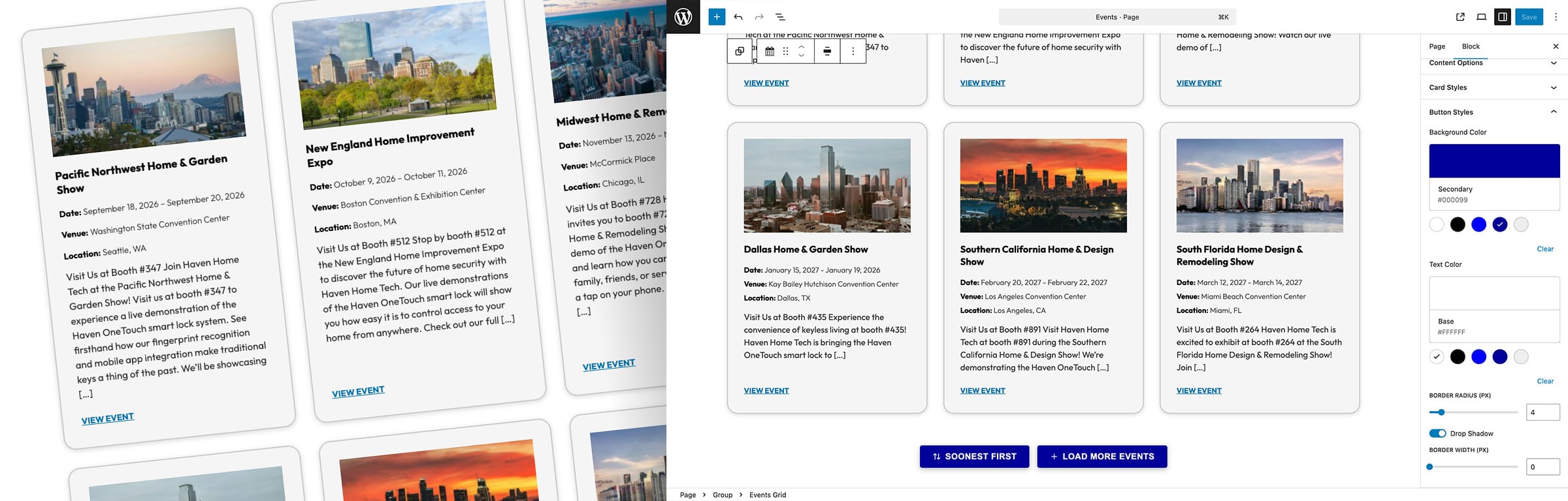 Snap Events block editor interface showing event configuration options alongside the frontend grid display