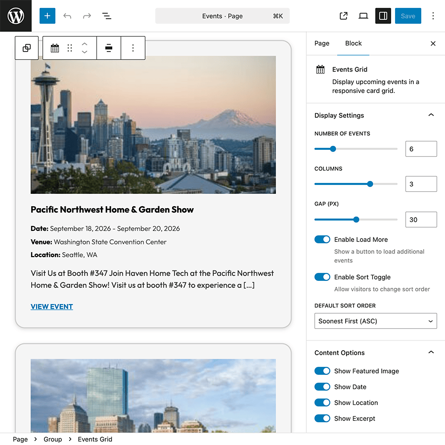 Screenshot of the Events Grid in the WordPress block editor