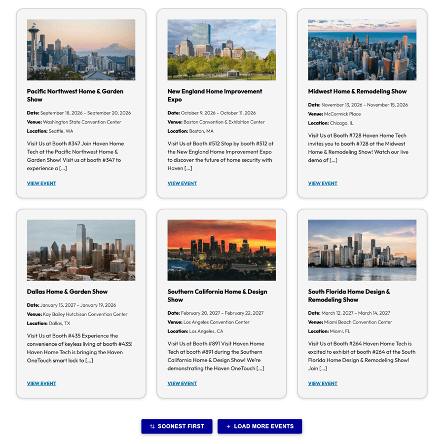 Screenshot of the Events Grid on the front end of a website